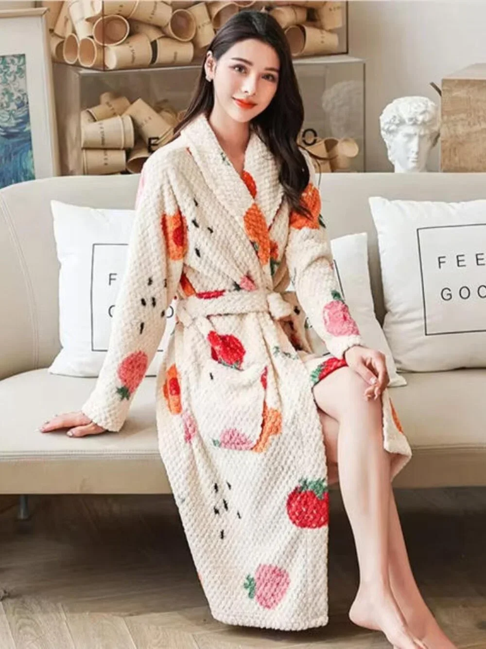 Thicken Women Flannel Kimono Robe, Warm Print Bathrobe With Belt